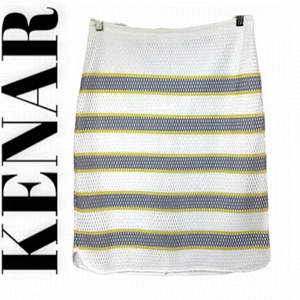 KENAR White/Grey and Yellow Striped Fish Net Type Pencil Skirt Size M